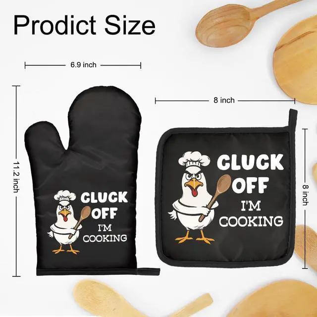 Alt view image 2 of 6 - Cluck Off I'm Cooking Funny Oven Mitts and Pot Holder Set, Kitchen Gadgets for Bake Lovers, Chicken Lover Gifts, Humor Novelty Housewarming Baking Kitchen Gifts for Women Men Dad Chef Friend