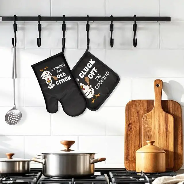 Alt view image 4 of 6 - Cluck Off I'm Cooking Funny Oven Mitts and Pot Holder Set, Kitchen Gadgets for Bake Lovers, Chicken Lover Gifts, Humor Novelty Housewarming Baking Kitchen Gifts for Women Men Dad Chef Friend