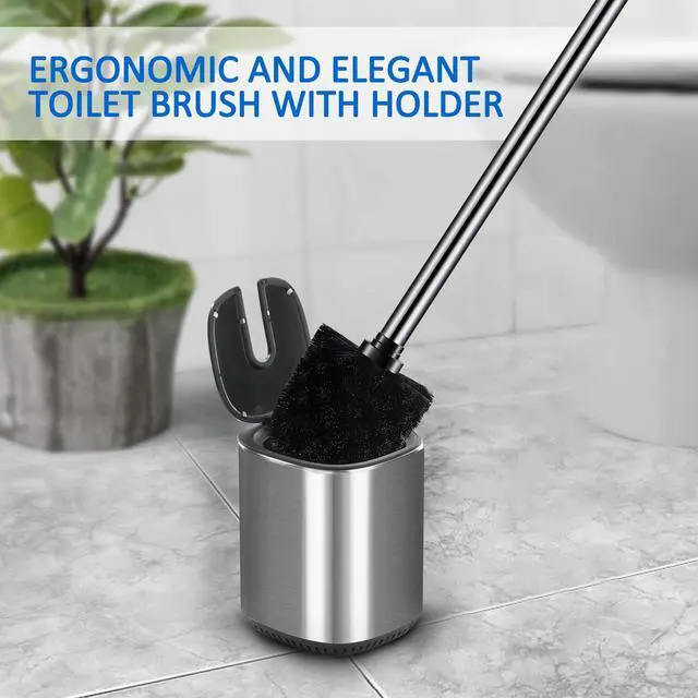 Alt view image 2 of 7 - Toilet Bowl Brush and Holder, Toilet Brush with Stainless Steel Handle and Durable Bristles for Bathroom Cleaning, Automatic Closing Holder Set (Silver)