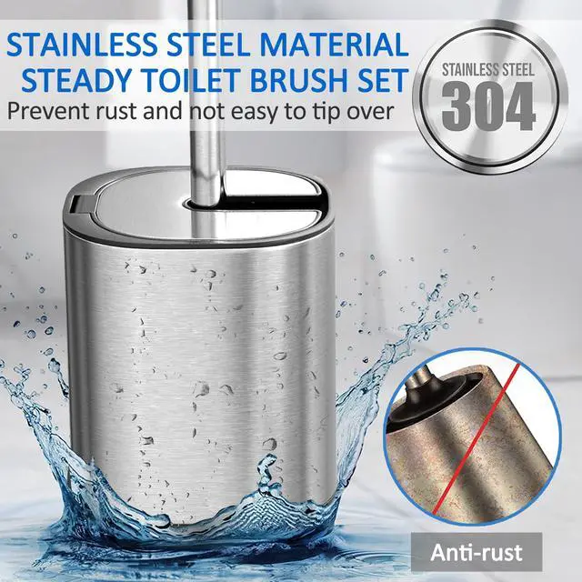 Alt view image 4 of 7 - Toilet Bowl Brush and Holder, Toilet Brush with Stainless Steel Handle and Durable Bristles for Bathroom Cleaning, Automatic Closing Holder Set (Silver)