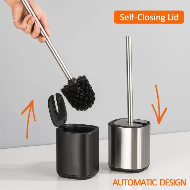 Alt view image 6 of 7 - Toilet Bowl Brush and Holder, Toilet Brush with Stainless Steel Handle and Durable Bristles for Bathroom Cleaning, Automatic Closing Holder Set (Silver)