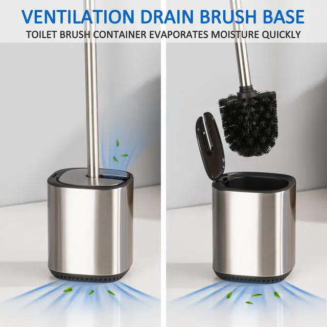 Alt view image 3 of 7 - Toilet Bowl Brush and Holder, Toilet Brush with Stainless Steel Handle and Durable Bristles for Bathroom Cleaning, Automatic Closing Holder Set (Silver)