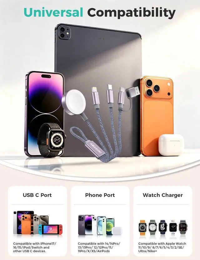 Alt view image 3 of 7 - Travel Essentials,3 in 2 USB C Cable for Apple Watch Charger,iPhone Charger,Multi Charging Cable,Cruise Vacation Camping Essentials,Portable for iWatch Series 11-2/Ultra/SE & iPhone 17-12,Car,0.7FT