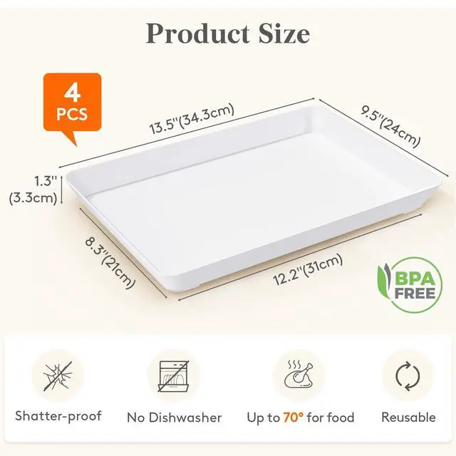 Alt view image 2 of 7 - 4 Pcs Serving Tray for Party Supplies, Reusable Plastic Food Serving Platter for Dessert, Snacks, Fruit, Cookies, Appetizers & Charcuterie, BPA-Free White Catering Trays for Buffets Display