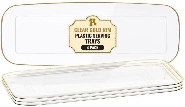 Main image of 4 Pack Plastic Serving Trays For Party - Gold Serving Tray 17 by 6.5 Inch - Heavy Duty Clear Trays For Food - Long Party Serving Trays For Entertaining - Clear Platters