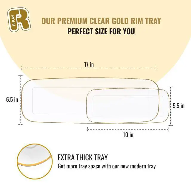 Alt view image 5 of 6 - 4 Pack Plastic Serving Trays For Party - Gold Serving Tray 17 by 6.5 Inch - Heavy Duty Clear Trays For Food - Long Party Serving Trays For Entertaining - Clear Platters