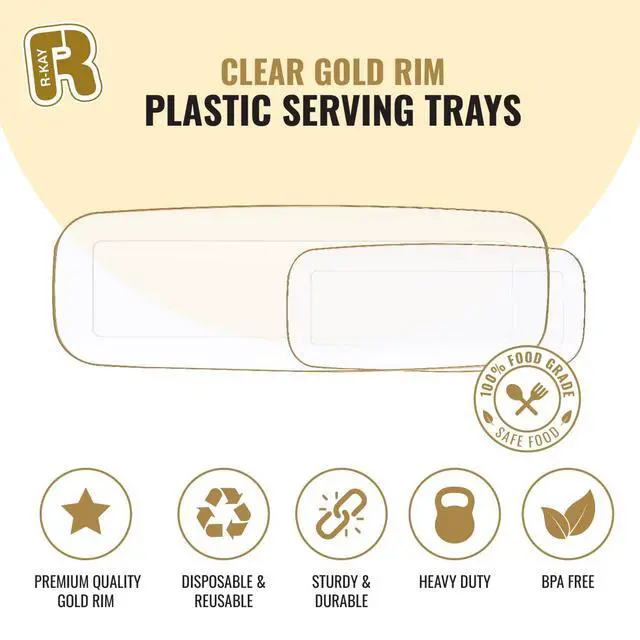 Alt view image 6 of 6 - 4 Pack Plastic Serving Trays For Party - Gold Serving Tray 17 by 6.5 Inch - Heavy Duty Clear Trays For Food - Long Party Serving Trays For Entertaining - Clear Platters