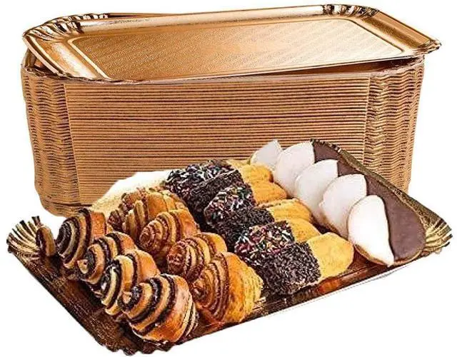 Main image of Gold Cookie Tray Gold Cake Trays Gold Rectangle Dessert Trays Gold Disposable Serving Trays for Parties and Gold Trays for Dessert Table (Pack of 12)