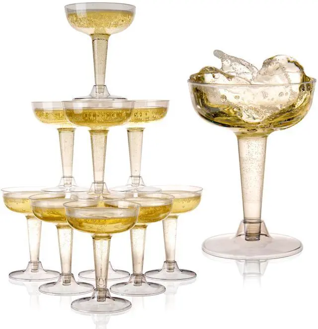 Main image of Champagne Tower Disposable Plastic Champagne Coupe Glasses 5 oz 20 Pack Clear Cocktail Cups, Party Wedding Birthday Mimosa Bar Drinkware, Durable Wine Bar Party Supplies