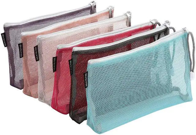 Main image of 6pcs Multicolored Portable Travel Toiletry Pouch Nylon Mesh Cosmetic Makeup Organizer Bag with Zipper, Colorful