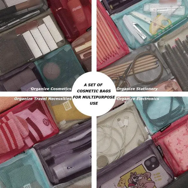 Alt view image 4 of 6 - 6pcs Multicolored Portable Travel Toiletry Pouch Nylon Mesh Cosmetic Makeup Organizer Bag with Zipper, Colorful