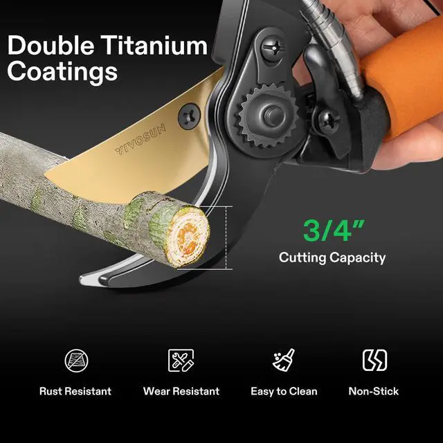 Alt view image 5 of 6 - 8.5" Bypass Pruning Shears for Gardening, Heavy-Duty Garden Scissors, Ultra Sharp Pruners with 3/4 in. Cut Capacity SK5 Blades, Thick Cushion-Covered Handle and Safety Lock
