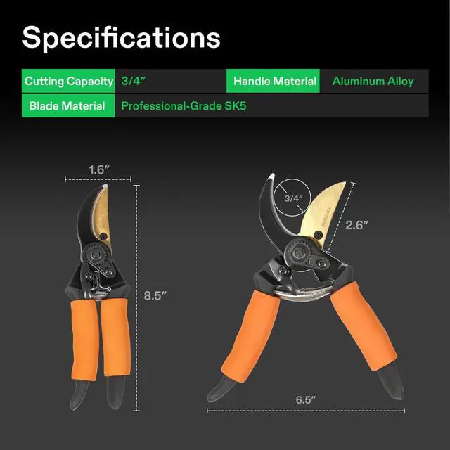 Alt view image 2 of 6 - 8.5" Bypass Pruning Shears for Gardening, Heavy-Duty Garden Scissors, Ultra Sharp Pruners with 3/4 in. Cut Capacity SK5 Blades, Thick Cushion-Covered Handle and Safety Lock