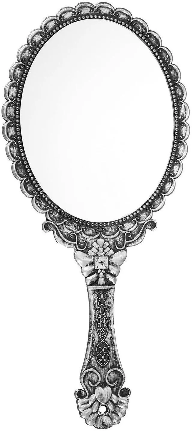 Main image of 1 Pcs Vintage Hand Held Mirror, Embossed Design Portable Hand Vanity Mirrors Single Side with Hook Hole for Bedroom, Bathroom, Travel, & Makeup Use, Bronze Silver(Oval)
