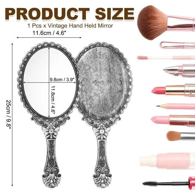Alt view image 2 of 7 - 1 Pcs Vintage Hand Held Mirror, Embossed Design Portable Hand Vanity Mirrors Single Side with Hook Hole for Bedroom, Bathroom, Travel, & Makeup Use, Bronze Silver(Oval)