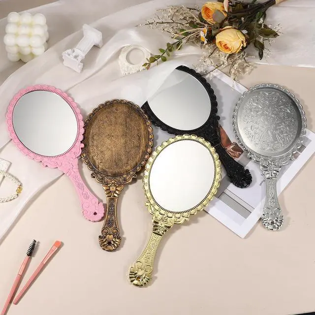 Alt view image 4 of 7 - 1 Pcs Vintage Hand Held Mirror, Embossed Design Portable Hand Vanity Mirrors Single Side with Hook Hole for Bedroom, Bathroom, Travel, & Makeup Use, Bronze Silver(Oval)