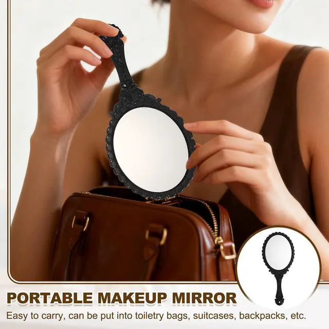 Alt view image 5 of 7 - 1 Pcs Vintage Hand Held Mirror, Embossed Design Portable Hand Vanity Mirrors Single Side with Hook Hole for Bedroom, Bathroom, Travel, & Makeup Use, Bronze Silver(Oval)