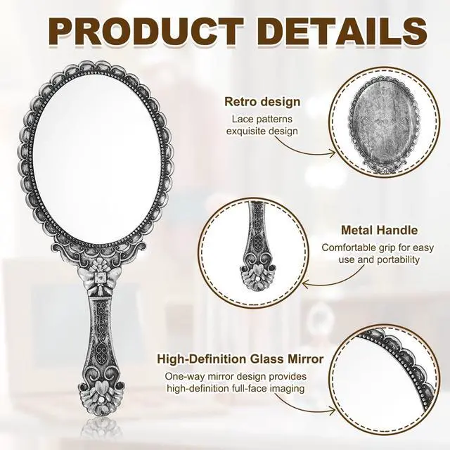 Alt view image 3 of 7 - 1 Pcs Vintage Hand Held Mirror, Embossed Design Portable Hand Vanity Mirrors Single Side with Hook Hole for Bedroom, Bathroom, Travel, & Makeup Use, Bronze Silver(Oval)