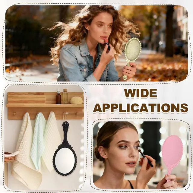 Alt view image 7 of 7 - 1 Pcs Vintage Hand Held Mirror, Embossed Design Portable Hand Vanity Mirrors Single Side with Hook Hole for Bedroom, Bathroom, Travel, & Makeup Use, Bronze Silver(Oval)