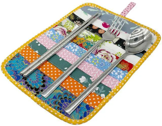 Alt view image 6 of 7 - 2Pcs Beautiful Cotton Pot Holders for Kitchen, 100% Cotton Fabric Handmade Patchwork Table Mats Set, Heat Resistant Mat Pads with Pocket and Hanging Loop, Potholder Teapot Mitts Washable