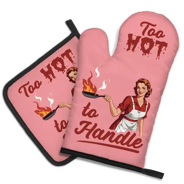 Main image of Too Hot to Handle Funny Vintage Lady Oven Mitts and Pot Holder Set, Sarcastic Kitchen Gadgets for Women Lover, Housewarming Gifts for Chef Baking Lover, Hostess Gifts for Mom Wife Sister BFF