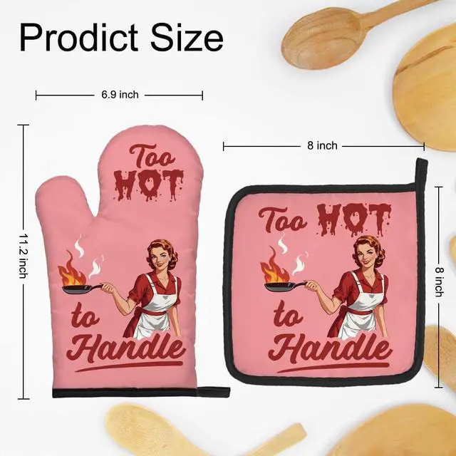 Alt view image 2 of 6 - Too Hot to Handle Funny Vintage Lady Oven Mitts and Pot Holder Set, Sarcastic Kitchen Gadgets for Women Lover, Housewarming Gifts for Chef Baking Lover, Hostess Gifts for Mom Wife Sister BFF