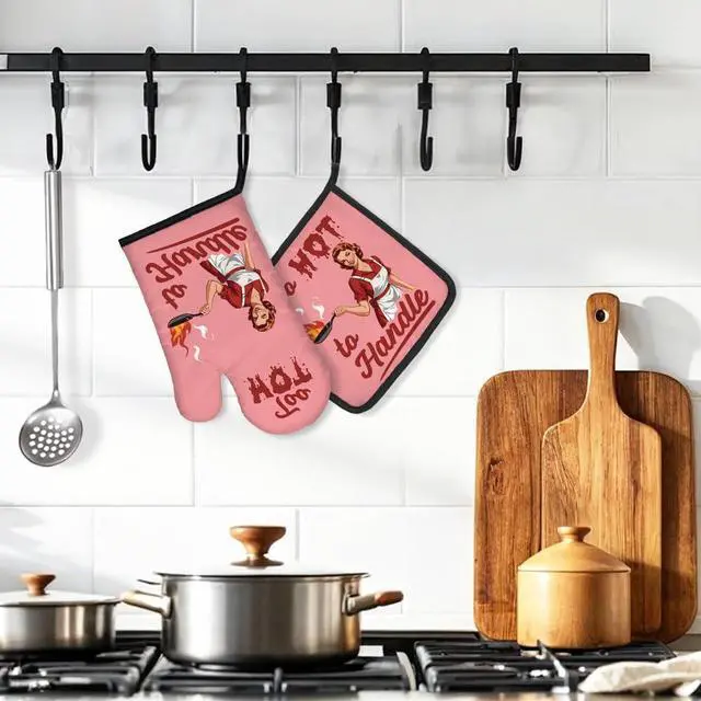 Alt view image 4 of 6 - Too Hot to Handle Funny Vintage Lady Oven Mitts and Pot Holder Set, Sarcastic Kitchen Gadgets for Women Lover, Housewarming Gifts for Chef Baking Lover, Hostess Gifts for Mom Wife Sister BFF