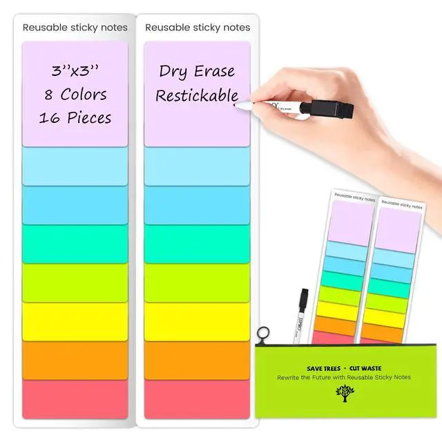 Main image of Dry Erase Sticky Notes - Reusable Whiteboard Stickers 8 Colors 3"x3"-16 Pack. Suitable for All Smooth Surface.Great for Labels, Lists, Reminders and Decals-Washable,Removable