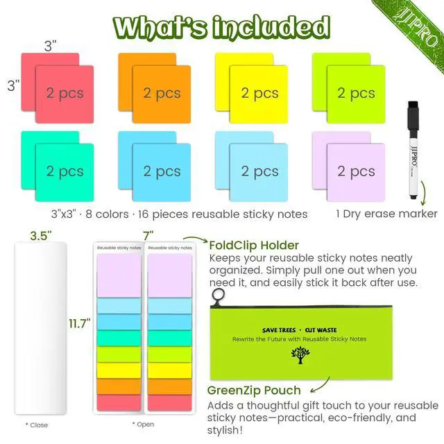 Alt view image 2 of 6 - Dry Erase Sticky Notes - Reusable Whiteboard Stickers 8 Colors 3"x3"-16 Pack. Suitable for All Smooth Surface.Great for Labels, Lists, Reminders and Decals-Washable,Removable