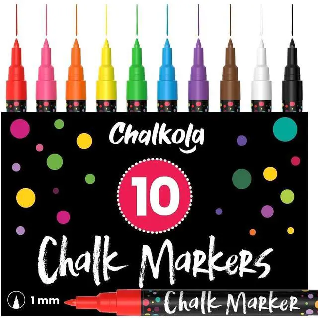 Main image of Extra Fine Tip Chalk Markers for Blackboard (1mm Point, 10 Pack) - Wet Erase, Liquid Chalk Pens for Car Windows, Bistro, Glass, Wall Calendar, Acrylic Board | Erasable Neon Chalkboard Markers