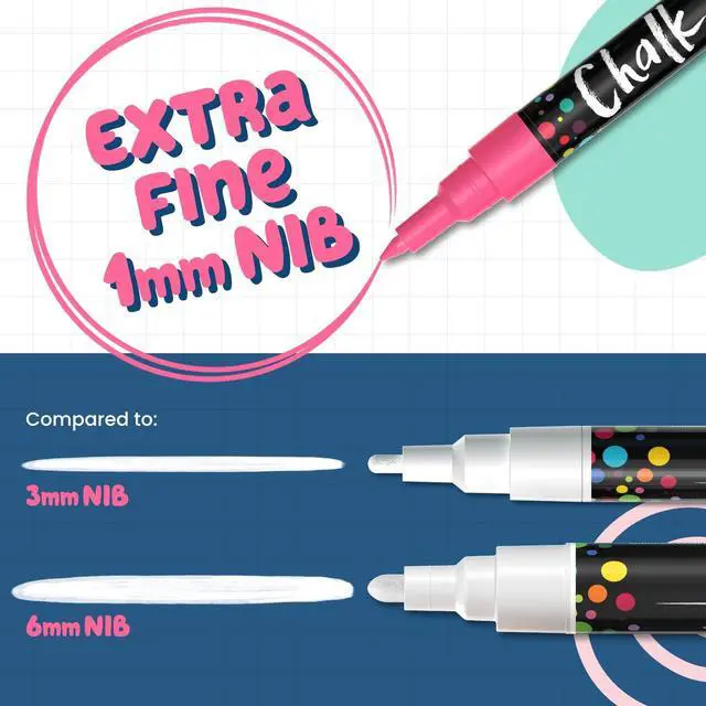 Alt view image 3 of 7 - Extra Fine Tip Chalk Markers for Blackboard (1mm Point, 10 Pack) - Wet Erase, Liquid Chalk Pens for Car Windows, Bistro, Glass, Wall Calendar, Acrylic Board | Erasable Neon Chalkboard Markers