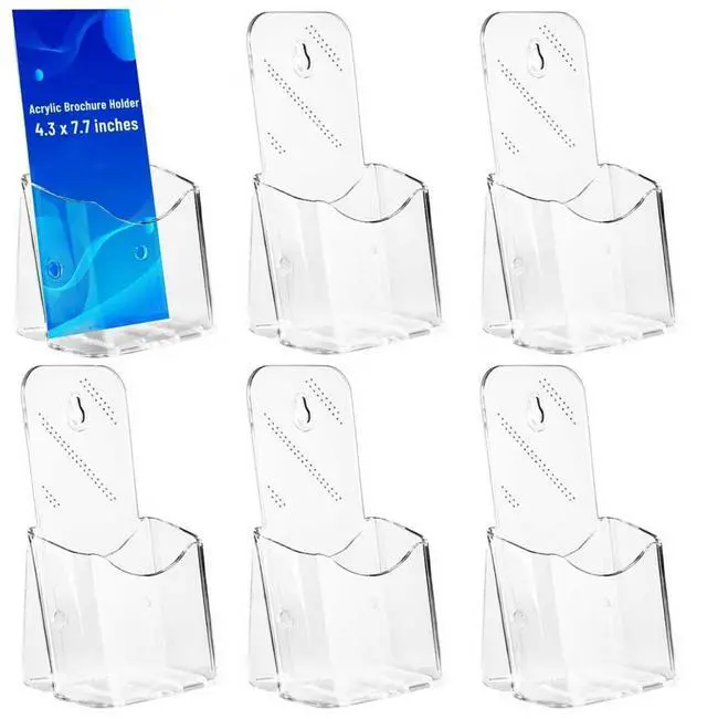 Main image of 6 Pcs Brochure Holder Stand, 4 inches Acrylic Pamphlet Display Stand Wall Mount/Countertop, Clear Plastic Trifold Rack Card Holder Organizer for Display Flyer, Document, Literature, Post Card
