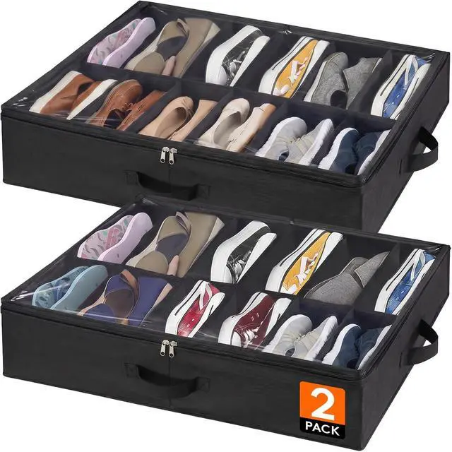 Main image of Under Bed Shoe Storage Organizer 2 Pack(12 Shoes Cells), 4.3 Inches Profile Fabric Shoes Container Box with Clear Cover, Foldable Storage Bag with 2 Handles, Fits 12 to 24 Pairs