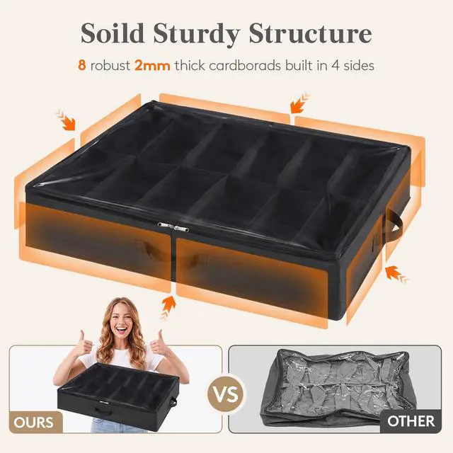 Alt view image 4 of 7 - Under Bed Shoe Storage Organizer 2 Pack(12 Shoes Cells), 4.3 Inches Profile Fabric Shoes Container Box with Clear Cover, Foldable Storage Bag with 2 Handles, Fits 12 to 24 Pairs