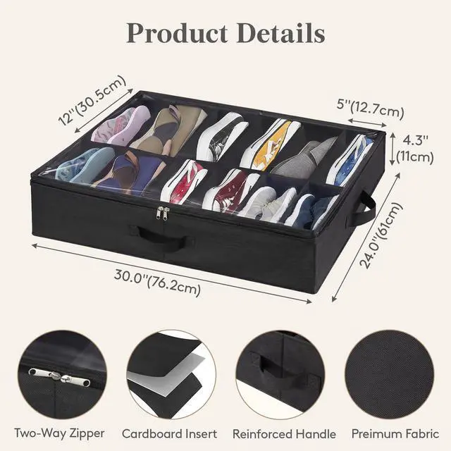 Alt view image 5 of 7 - Under Bed Shoe Storage Organizer 2 Pack(12 Shoes Cells), 4.3 Inches Profile Fabric Shoes Container Box with Clear Cover, Foldable Storage Bag with 2 Handles, Fits 12 to 24 Pairs