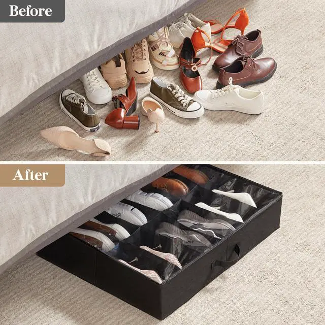 Alt view image 6 of 7 - Under Bed Shoe Storage Organizer 2 Pack(12 Shoes Cells), 4.3 Inches Profile Fabric Shoes Container Box with Clear Cover, Foldable Storage Bag with 2 Handles, Fits 12 to 24 Pairs