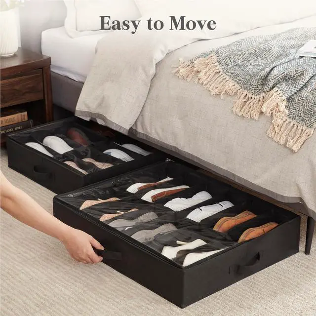 Alt view image 7 of 7 - Under Bed Shoe Storage Organizer 2 Pack(12 Shoes Cells), 4.3 Inches Profile Fabric Shoes Container Box with Clear Cover, Foldable Storage Bag with 2 Handles, Fits 12 to 24 Pairs