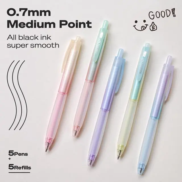 Alt view image 2 of 7 - Retractable Gel Ink Pens: 0.7mm Fine Point Black-Ink Aesthetic Gradient Color Barrel Soft Grip Medium Point Pen 5ct with 5 Refills for Journaling Smooth Writing Quick-dry No Bleed