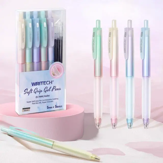 Alt view image 5 of 7 - Retractable Gel Ink Pens: 0.7mm Fine Point Black-Ink Aesthetic Gradient Color Barrel Soft Grip Medium Point Pen 5ct with 5 Refills for Journaling Smooth Writing Quick-dry No Bleed