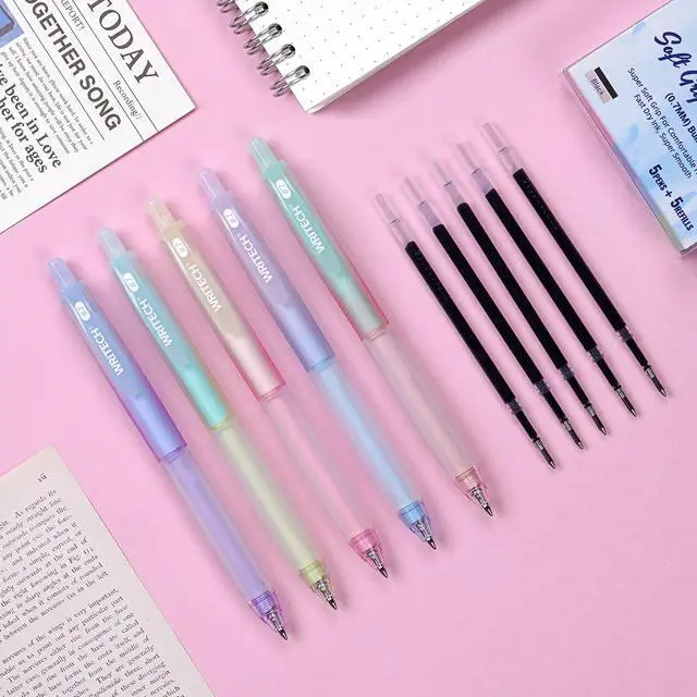 Alt view image 6 of 7 - Retractable Gel Ink Pens: 0.7mm Fine Point Black-Ink Aesthetic Gradient Color Barrel Soft Grip Medium Point Pen 5ct with 5 Refills for Journaling Smooth Writing Quick-dry No Bleed