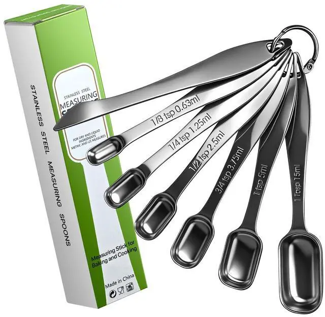 Main image of Set of 7 Metal Measuring Spoons, 18/8 Stainless Steel, Long Handle Teaspoon, Tablespoon, Narrow Measuring Spoon with Leveler for Spices, Protein Powder and Coffee, Kitchen Utensils for Cooking
