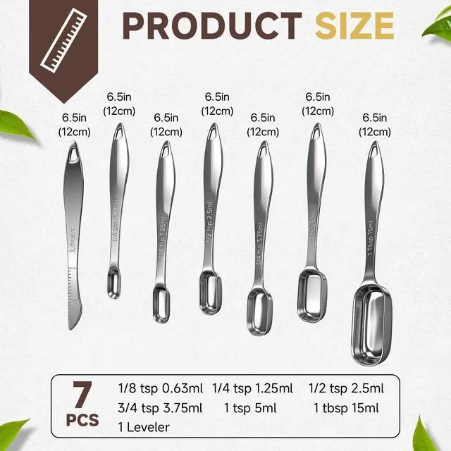 Alt view image 2 of 7 - Set of 7 Metal Measuring Spoons, 18/8 Stainless Steel, Long Handle Teaspoon, Tablespoon, Narrow Measuring Spoon with Leveler for Spices, Protein Powder and Coffee, Kitchen Utensils for Cooking