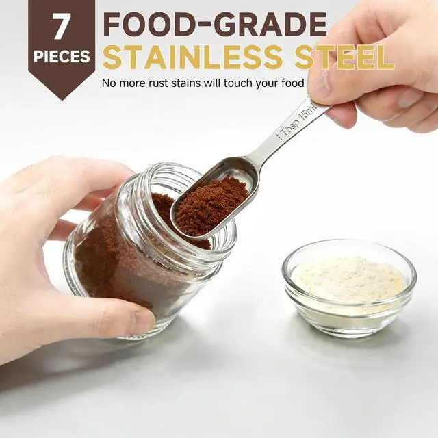 Alt view image 3 of 7 - Set of 7 Metal Measuring Spoons, 18/8 Stainless Steel, Long Handle Teaspoon, Tablespoon, Narrow Measuring Spoon with Leveler for Spices, Protein Powder and Coffee, Kitchen Utensils for Cooking