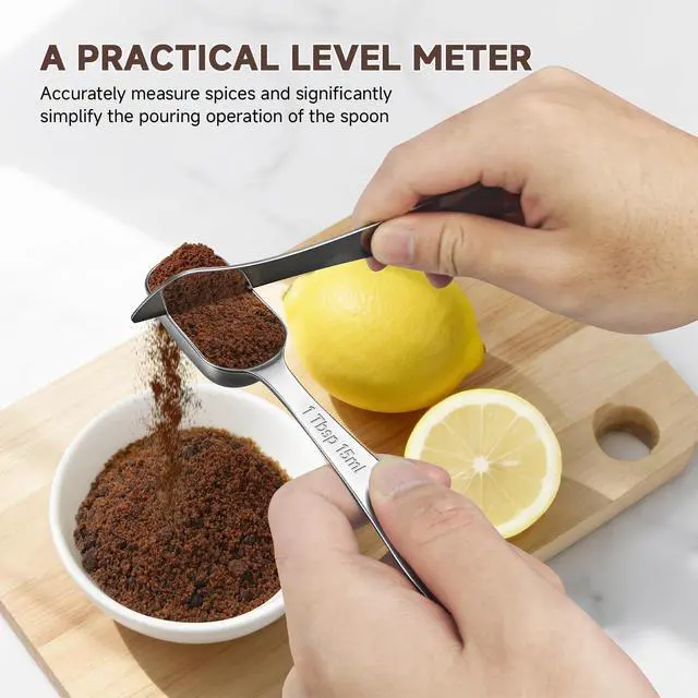 Alt view image 5 of 7 - Set of 7 Metal Measuring Spoons, 18/8 Stainless Steel, Long Handle Teaspoon, Tablespoon, Narrow Measuring Spoon with Leveler for Spices, Protein Powder and Coffee, Kitchen Utensils for Cooking