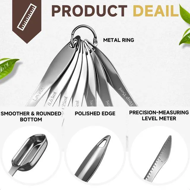 Alt view image 6 of 7 - Set of 7 Metal Measuring Spoons, 18/8 Stainless Steel, Long Handle Teaspoon, Tablespoon, Narrow Measuring Spoon with Leveler for Spices, Protein Powder and Coffee, Kitchen Utensils for Cooking