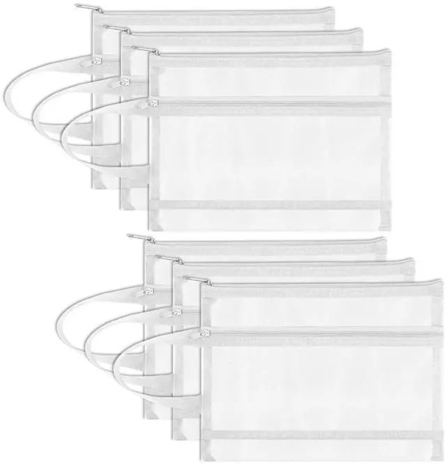 Main image of 6 Pack Mesh Zipper Pouch Bags, Double Layer Nylon Pouch with Handle for Office Travel Organization (White, A5)