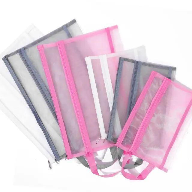 Alt view image 3 of 6 - 6 Pack Mesh Zipper Pouch Bags, Double Layer Nylon Pouch with Handle for Office Travel Organization (White, A5)