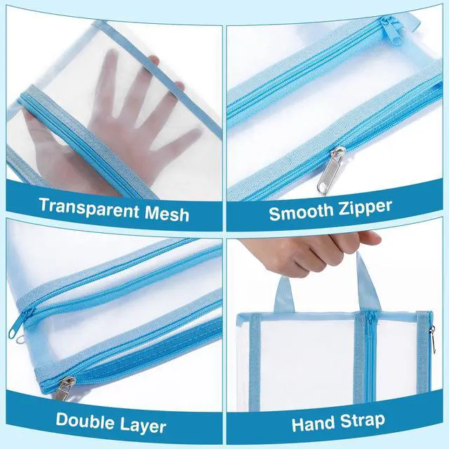 Alt view image 4 of 6 - 6 Pack Mesh Zipper Pouch Bags, Double Layer Nylon Pouch with Handle for Office Travel Organization (White, A5)
