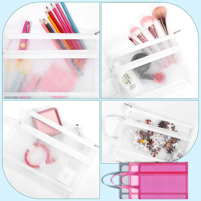 Alt view image 5 of 6 - 6 Pack Mesh Zipper Pouch Bags, Double Layer Nylon Pouch with Handle for Office Travel Organization (White, A5)