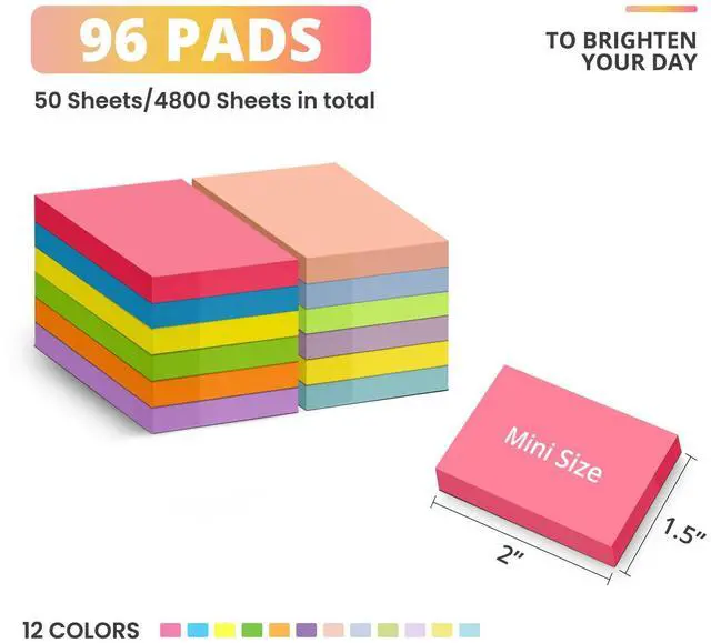 Alt view image 2 of 7 - Sticky Notes 1.5"x2", 96 Pad Mini Sticky Pads for Quick Reminders and Color Coding, Perfect for Office, School and Home Organization - Bright